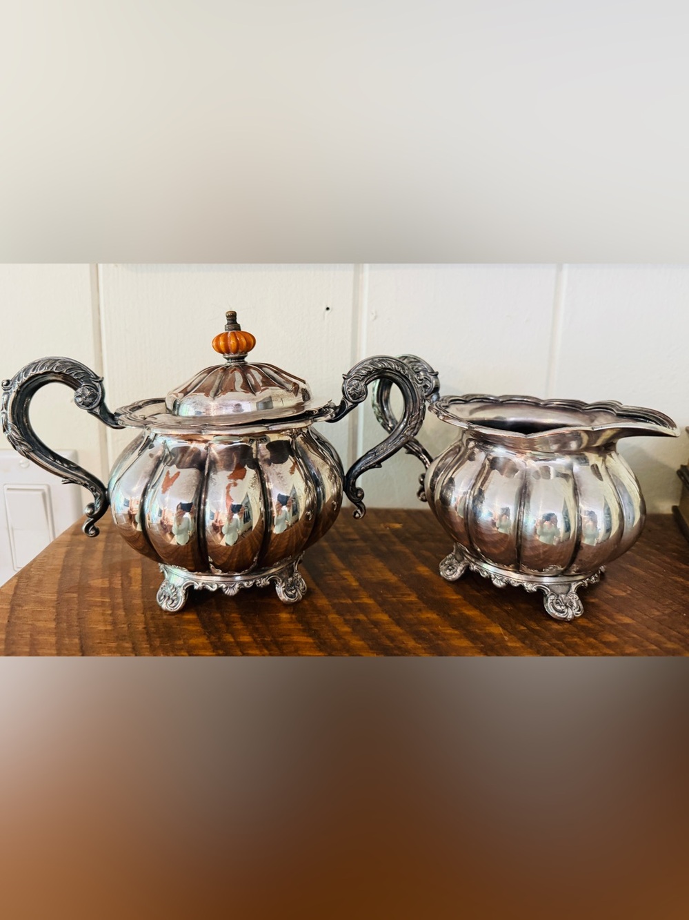Vintage Continental Silver -SilverPlate Sugar & Creamer Pumpkin- Bakelite Finial